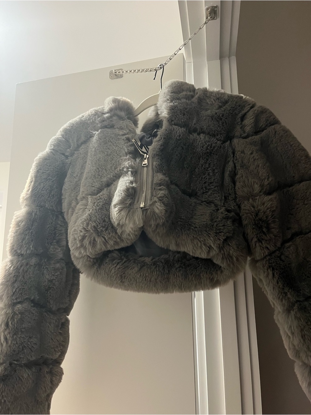 Plush Cropped Teddy Jacket in Charcoal Gray - Women's Cozy Coat